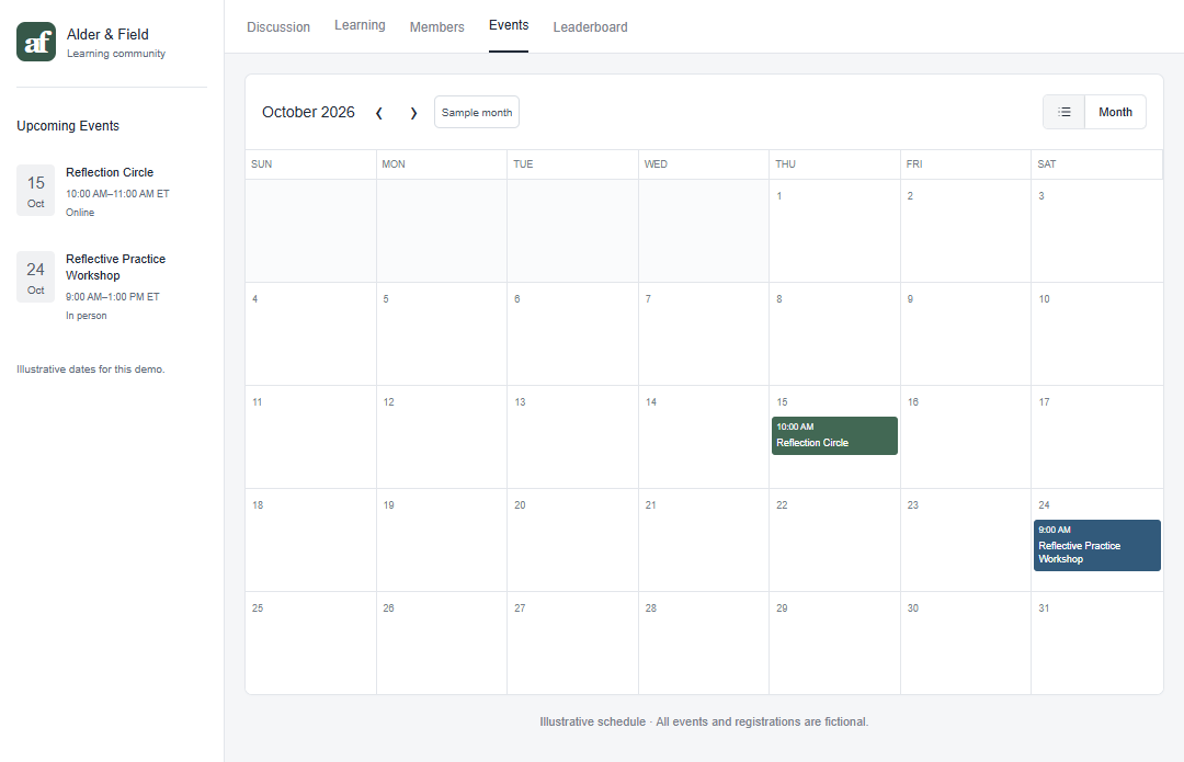 Alder and Field community event calendar with a sample online session and in-person workshop