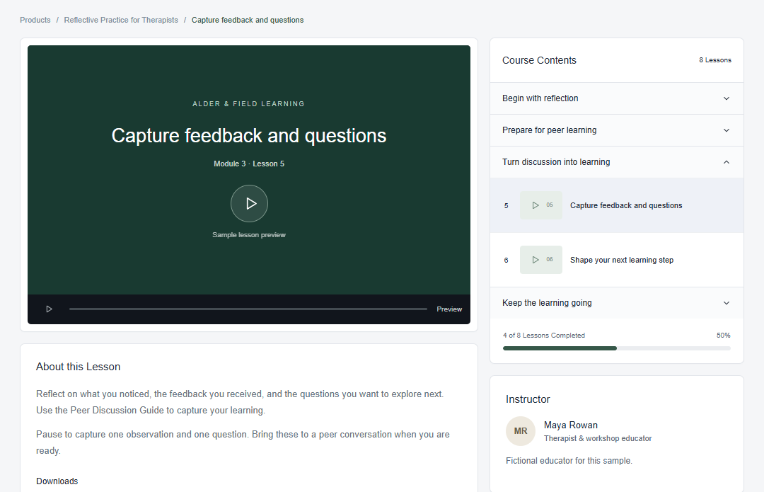 Alder and Field lesson showing the teaching area, course outline, learning resource, and completion button