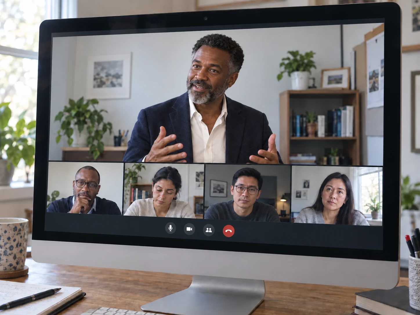 Black male practitioner presenting an online webinar, with four adult learners in smaller video windows.