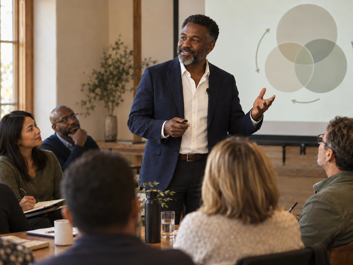 Black male healthcare educator presenting at an onsite workshop for adult professionals.