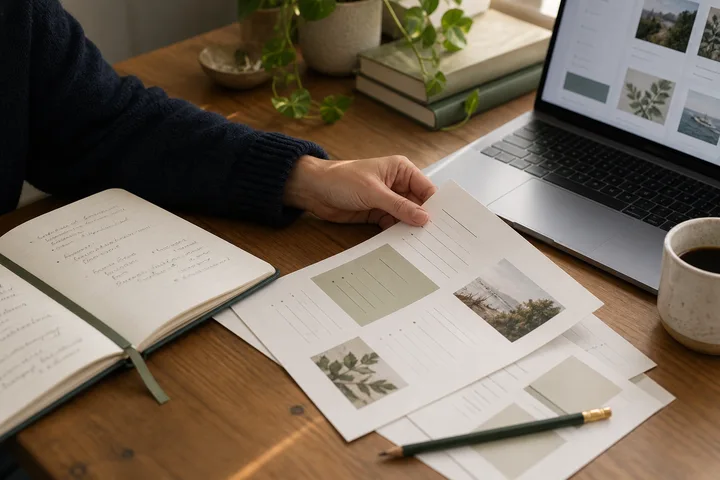 Illustrative teaching workspace with lesson notes, a notebook and an open laptop.